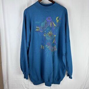 VTG PFI Sweater Womens 3XL‎ Teal Crewneck Sweatshirt 90s Y2K Mardi Gras Mask USA
